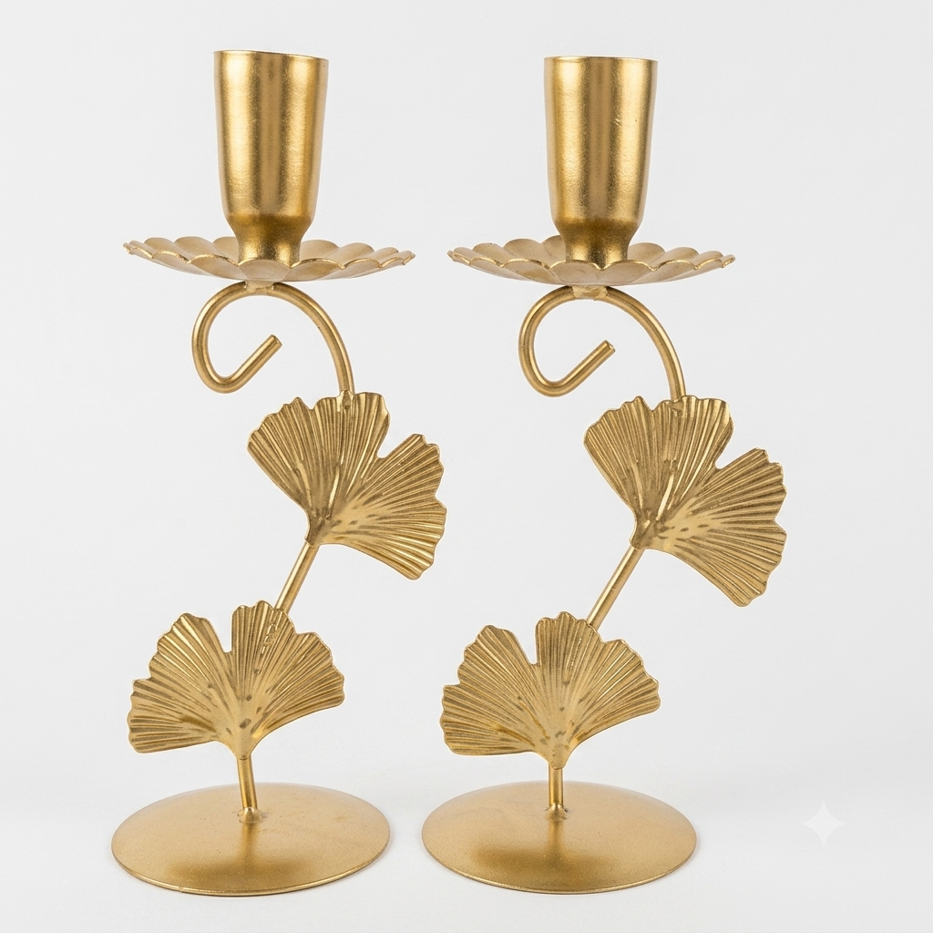 Golden Ginkgo Leaf Taper Candle Holder – Approx. 7 Inches Tall
