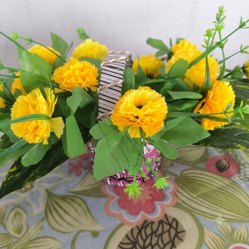 Vibrant Yellow Artificial Marigold Floral Arrangement in Pink Woven Basket
