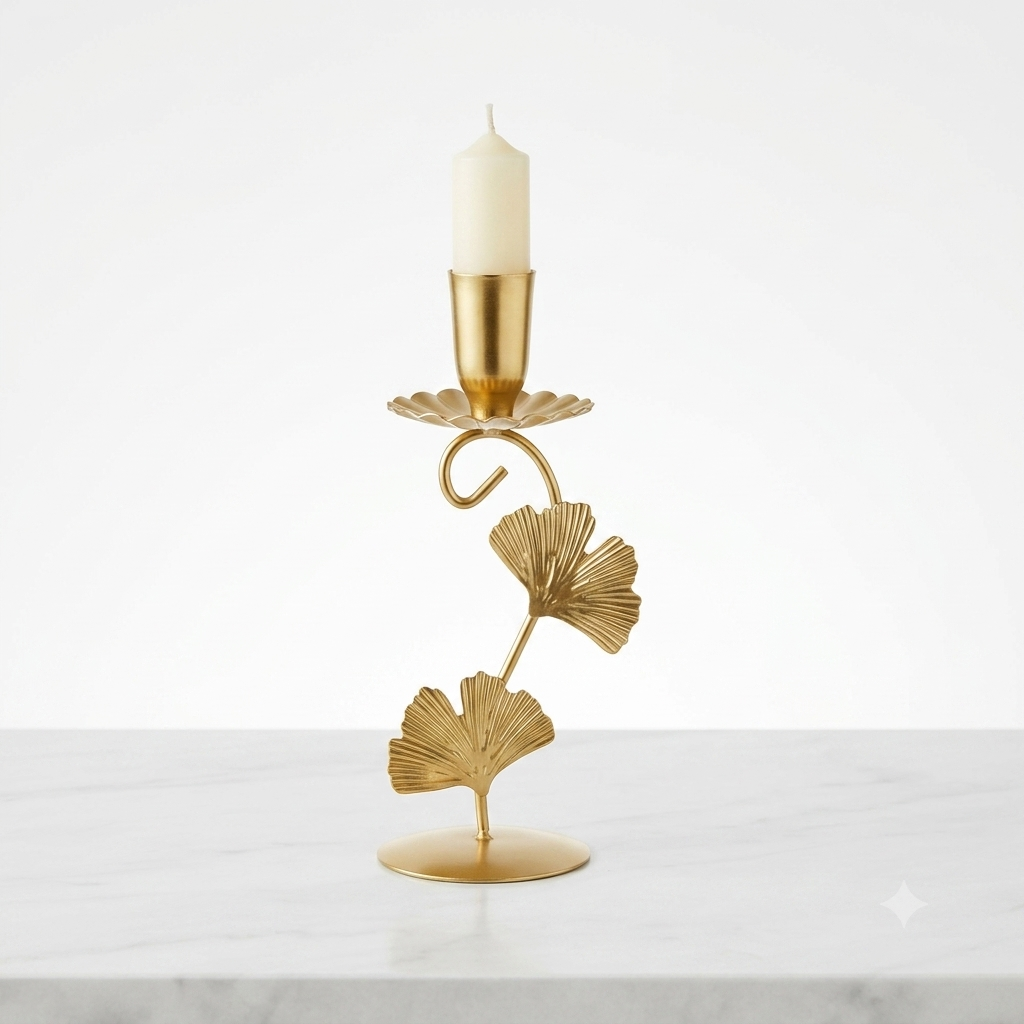 Golden Ginkgo Leaf Taper Candle Holder – Approx. 7 Inches Tall