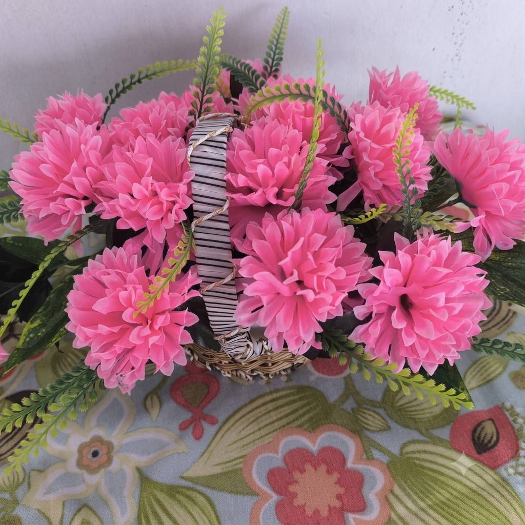 Vibrant Pink Artificial Flower Arrangement in Woven Basket Centerpiece