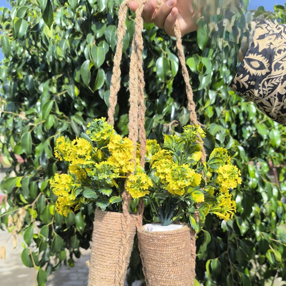 Faux Rosemary & White Blossom Hanging Twine Cones – 10.5"