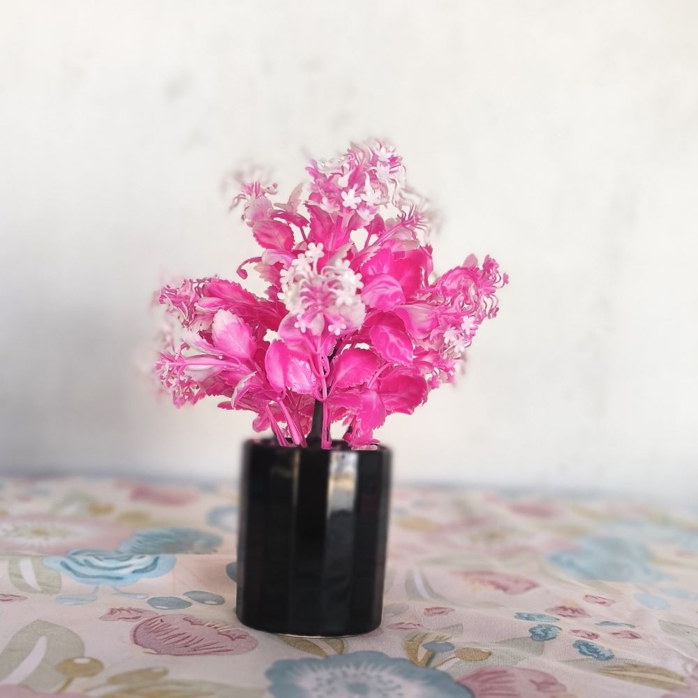 9.5" Mini Artificial Orange and White Blossom Bush in Glossy Black Ceramic Pot