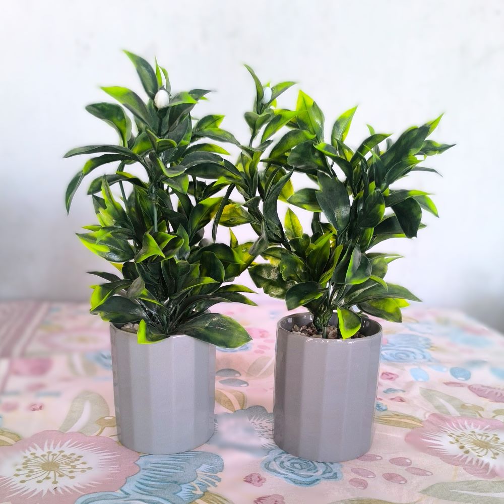 9.5" Artificial Greenery Potted Plant – Faux Tabletop Foliage in Modern Gray Ceramic Pot