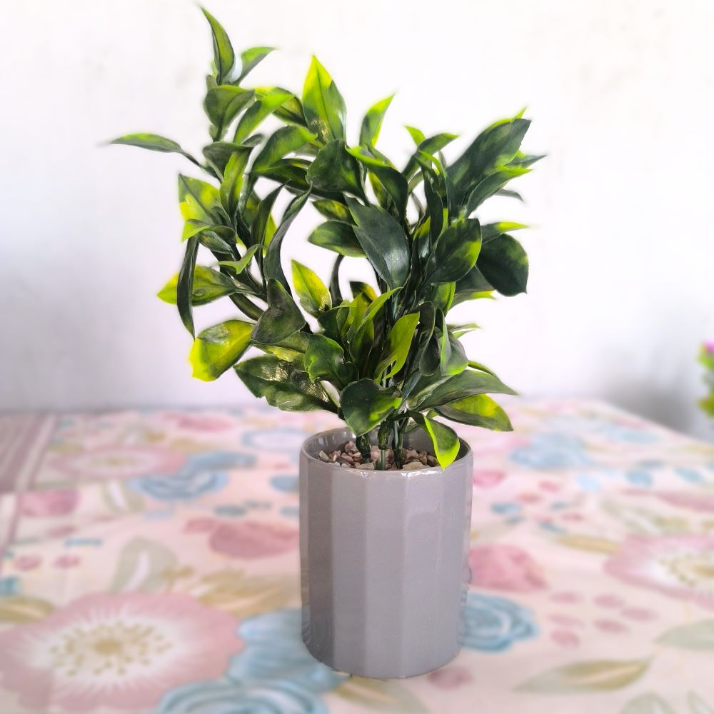 9.5" Artificial Greenery Potted Plant – Faux Tabletop Foliage in Modern Gray Ceramic Pot