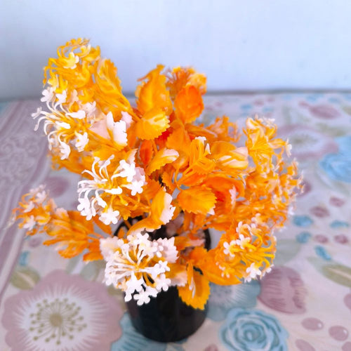 9.5" Mini Artificial Orange and White Blossom Bush in Glossy Black Ceramic Pot